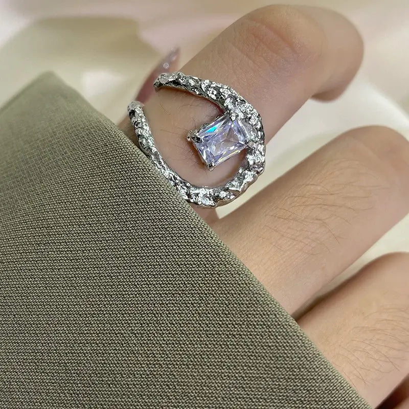 Light Luxury Simple Rectangular Open-end Zircon Ring