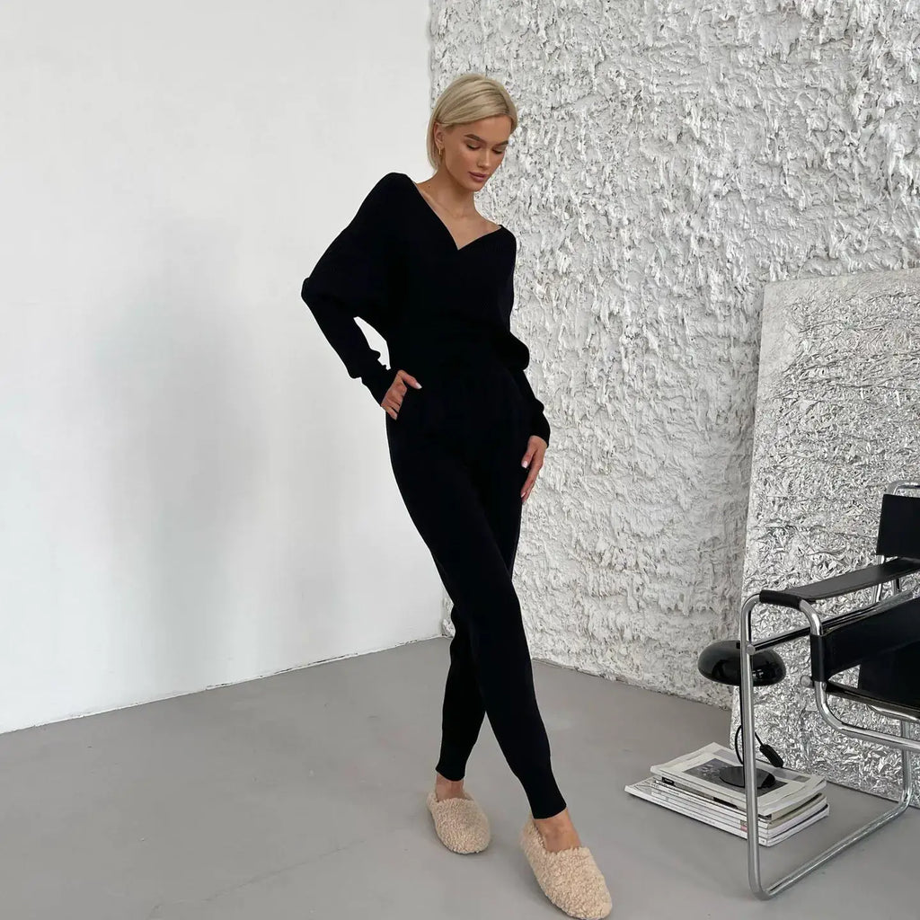 Trendy Batwing Sleeve V-Neck Knit Sweater Set for Women