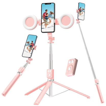Selfie Stick Tripod with Fill Light Phone Selfie Stick ，Durable Stainless Steel Design Bluetooth Remote Control and Stable Three-Legged Support for Live Broadcasts Video Shooting (Pink)